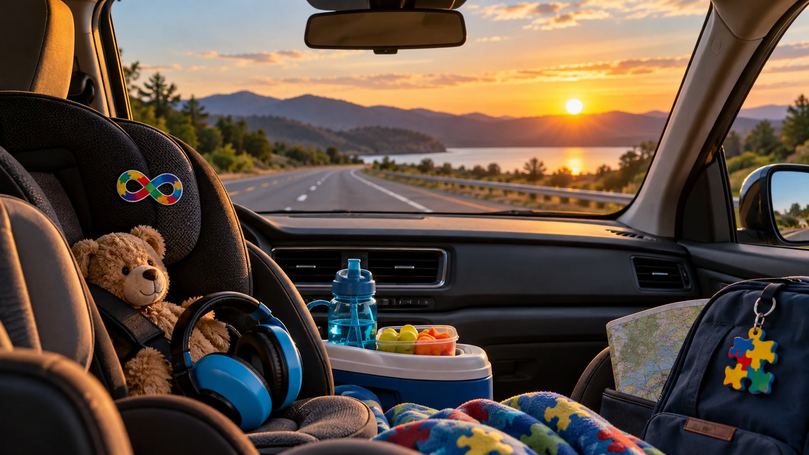 Viagem de carro com criança autista em estrada durante o pôr do sol