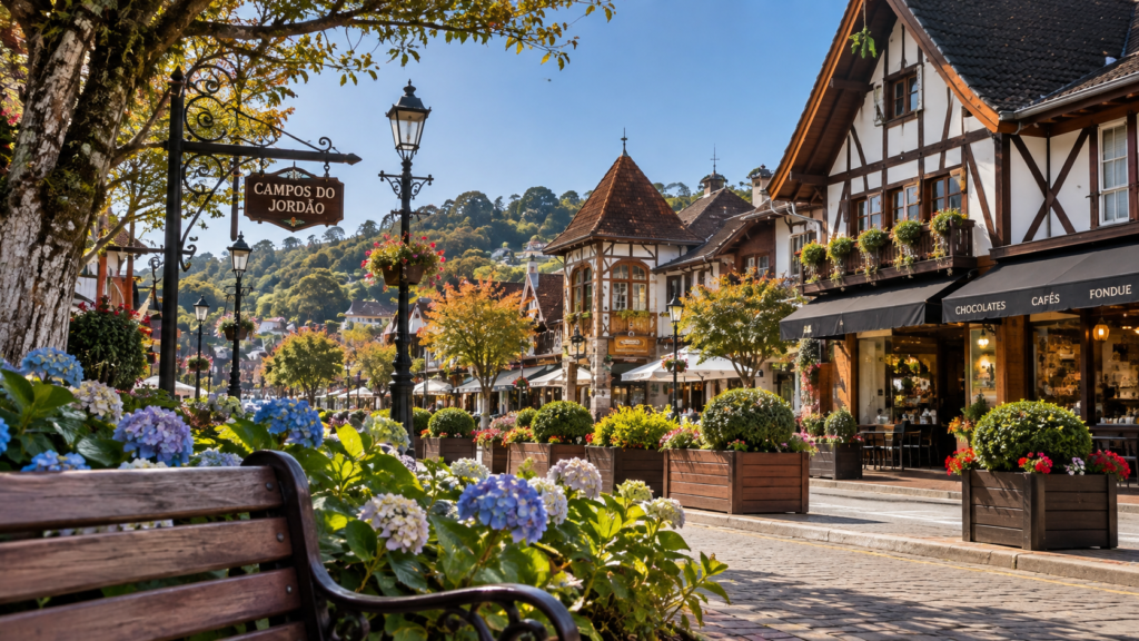Rua de Capivari em Campos do Jordão com chalés, flores e lojas