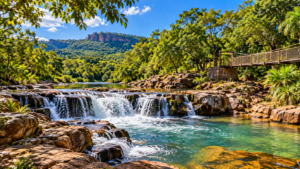Rio com pequenas quedas d’água, vegetação e montanhas em Brotas