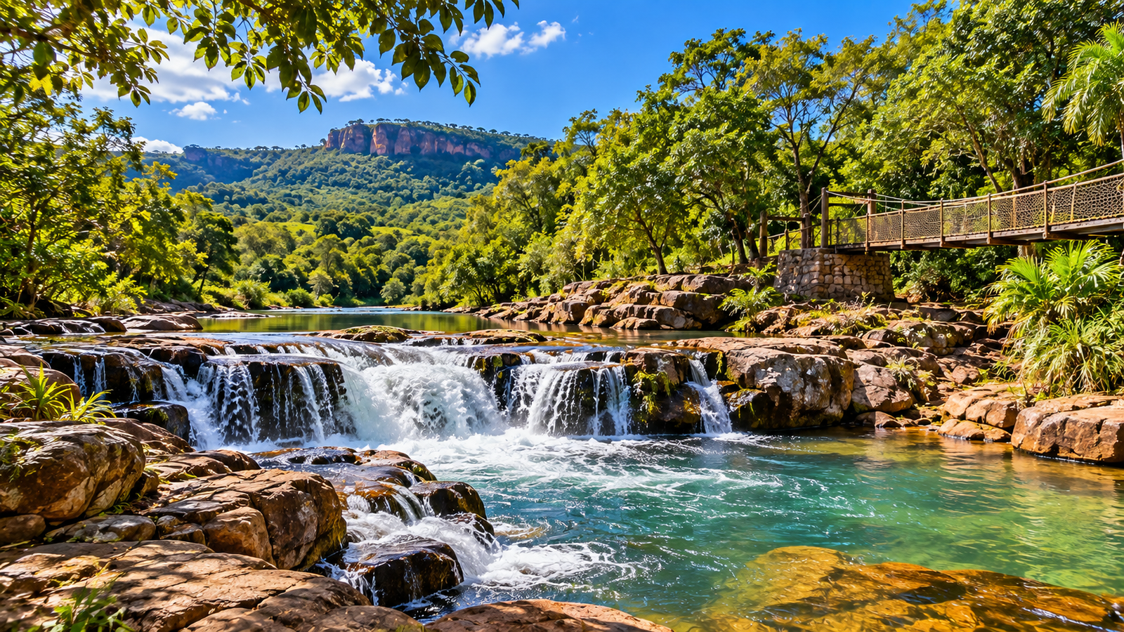 Rio com pequenas quedas d’água, vegetação e montanhas em Brotas