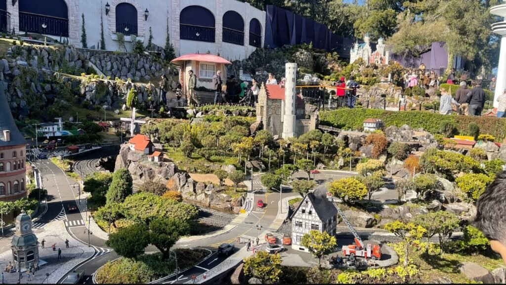 Vista das miniaturas, ruas e construções do Mini Mundo Gramado em um dia ensolarado.