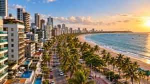 Vista aérea da orla de João Pessoa com hotéis, prédios residenciais, coqueiros, avenida e praia.