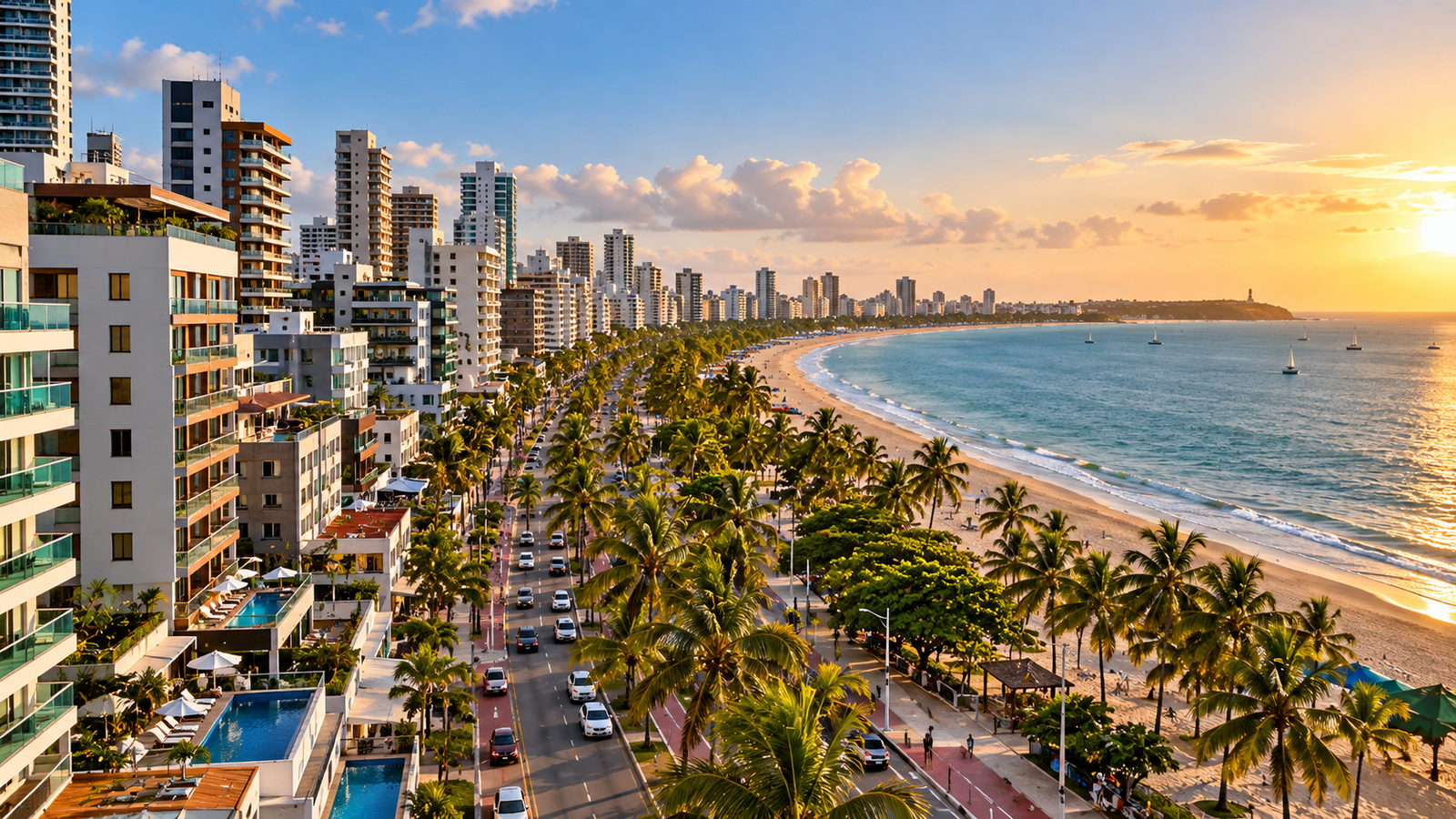 Vista aérea da orla de João Pessoa com hotéis, prédios residenciais, coqueiros, avenida e praia.