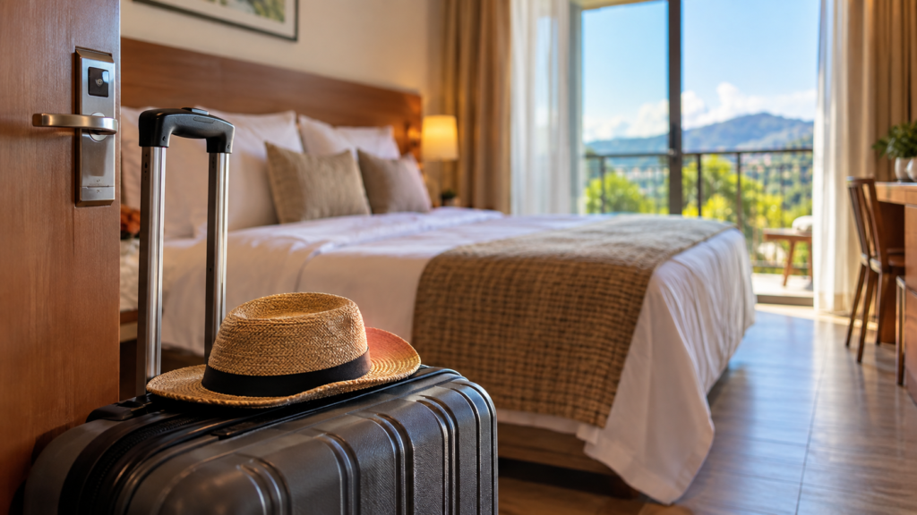 Quarto de hotel confortável com cama arrumada, mala de viagem e vista para uma área verde.