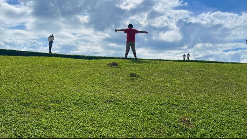 Lucas de braços abertos sobre o gramado do Parque Tanguá, em Curitiba, durante um passeio em família com criança autista.