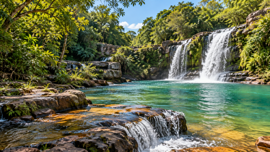 Cachoeira em meio à vegetação verde de Brotas com piscina natural