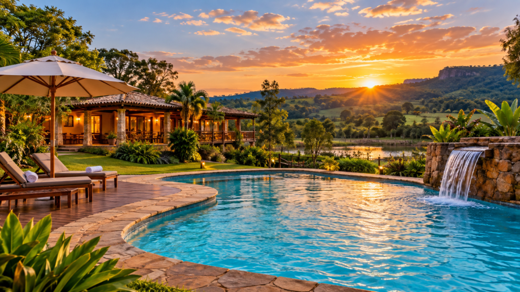 Hotel em Brotas cercado por natureza, com piscina e área verde ao pôr do sol
