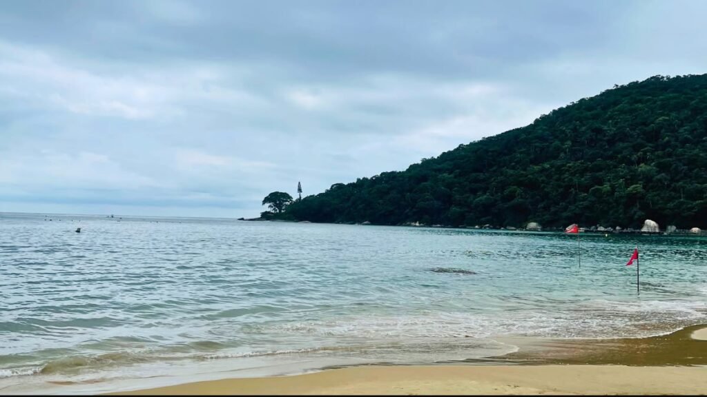 Clima em Balneário Camboriú: melhor época para viajar e como é o tempo em cada estação 2 Praia de Laranjeiras em Balneário Camboriú com mar calmo, vegetação verde e céu nublado.