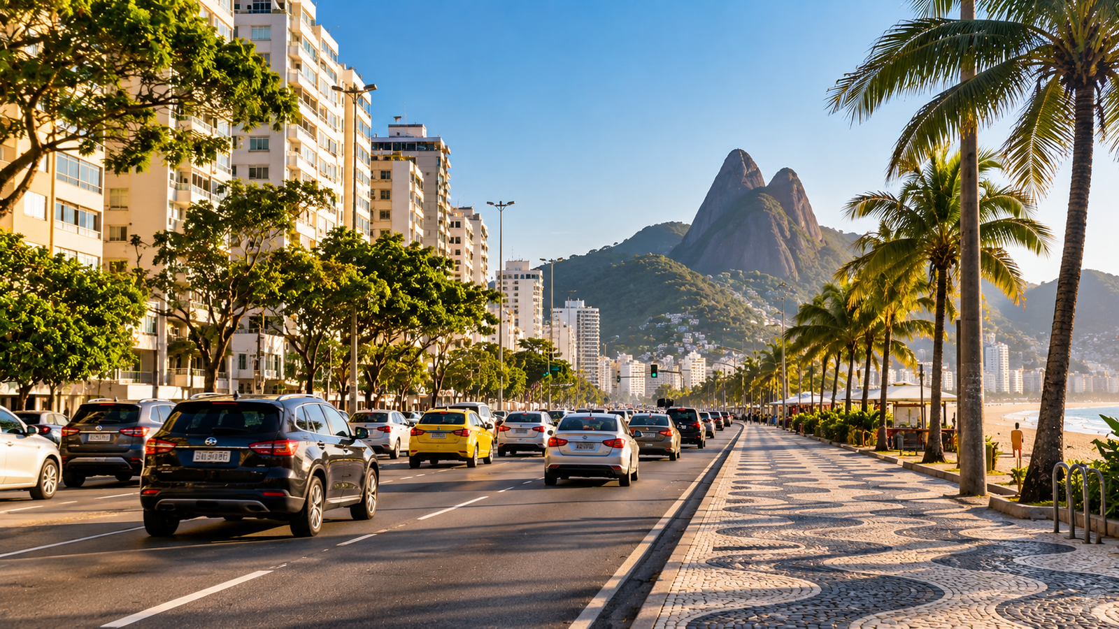 Avenida movimentada do Rio de Janeiro com carros e táxis diante dos Dois Irmãos