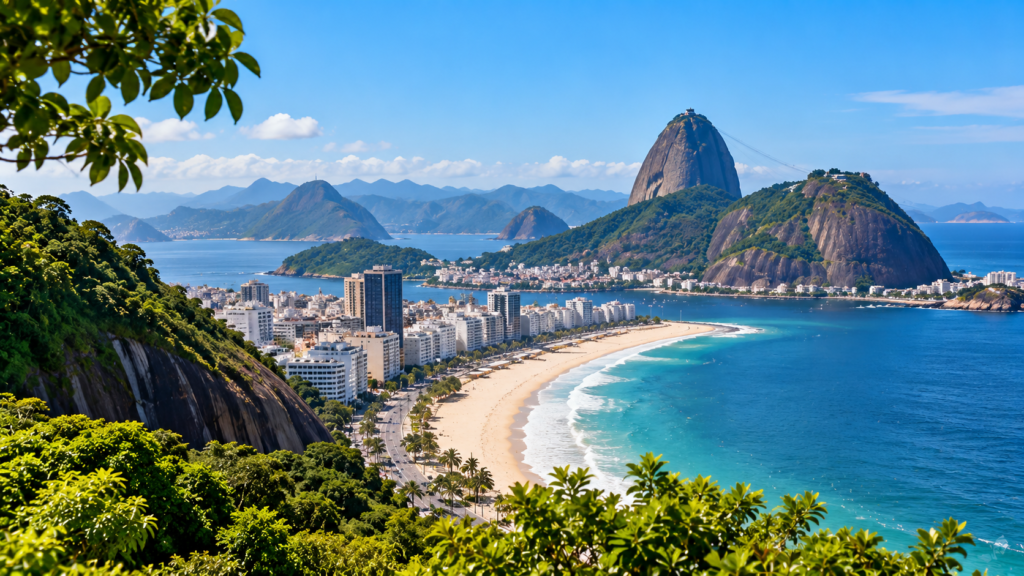 Vista panorâmica do Rio de Janeiro com praia, montanhas e Pão de Açúcar