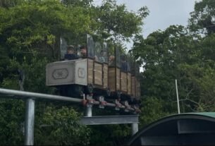 Trem suspenso da Fantástica Floresta no Parque Unipraias, em meio à vegetação de Balneário Camboriú.