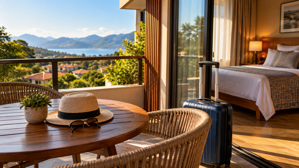 Varanda de hotel com mesa de madeira, cadeiras, mala de viagem e vista para montanhas e área verde.